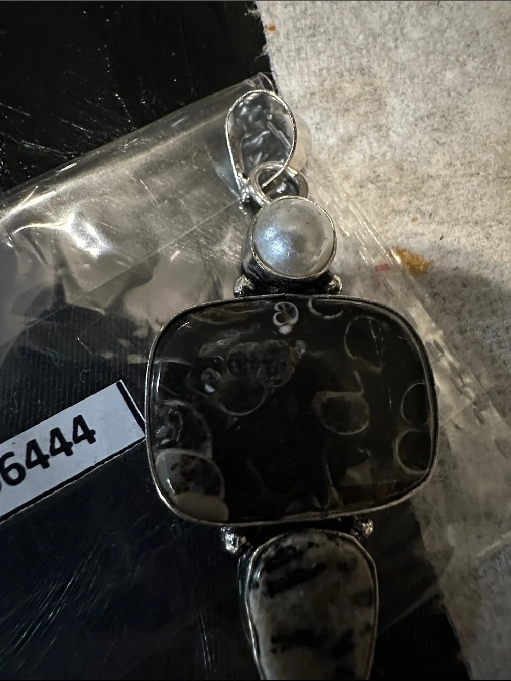 Artisan Black and White Jasper Pendant with Pearl Accent